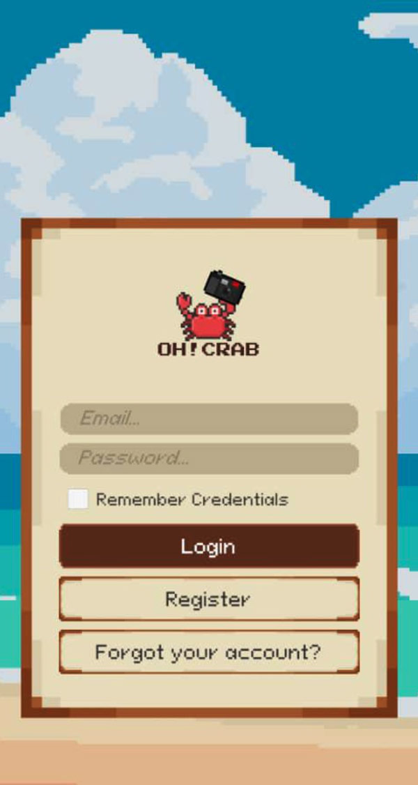 OH!CRAB game app prototype interface.
